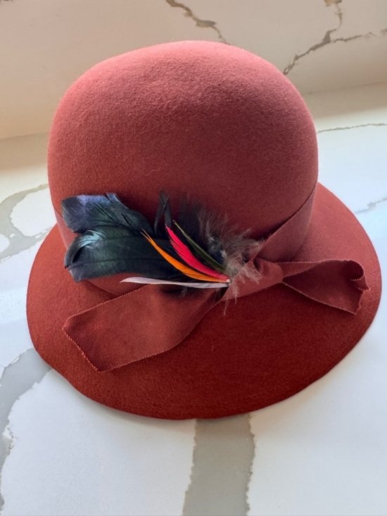 Accessories - Vintage Style Wool-Feel Cloche Hat Rust Feather Detail - AS IS